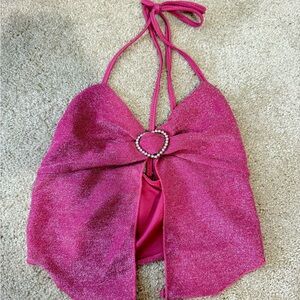 Pink Sparkle Halter Top with Rhinestone Detail